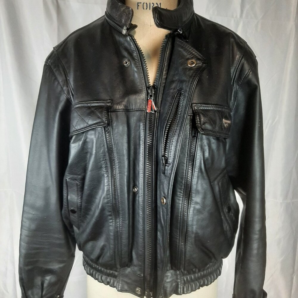 Vintage First Gear Hein Gericke Leather Motorcycle Jacket Mens Sz LARGE Black